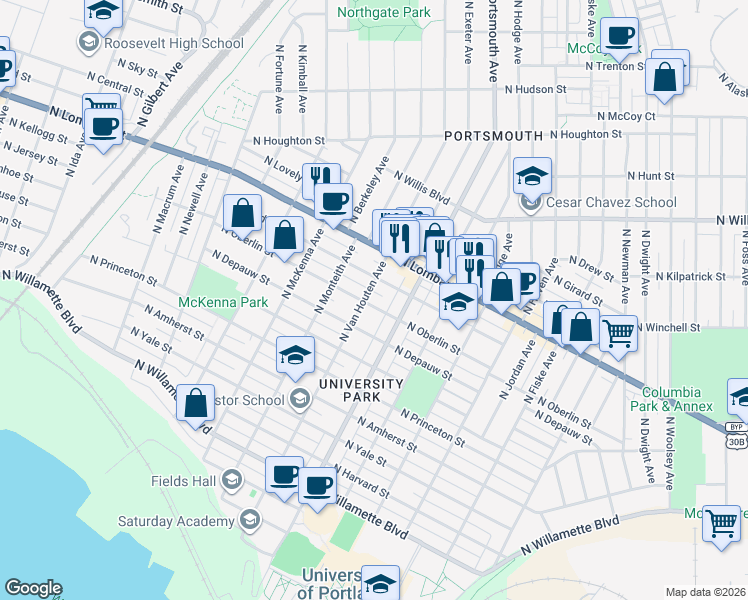 map of restaurants, bars, coffee shops, grocery stores, and more near 5421 North Oberlin Street in Portland