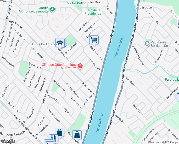 map of restaurants, bars, coffee shops, grocery stores, and more near 1405 Rue du Vallon in Beloeil