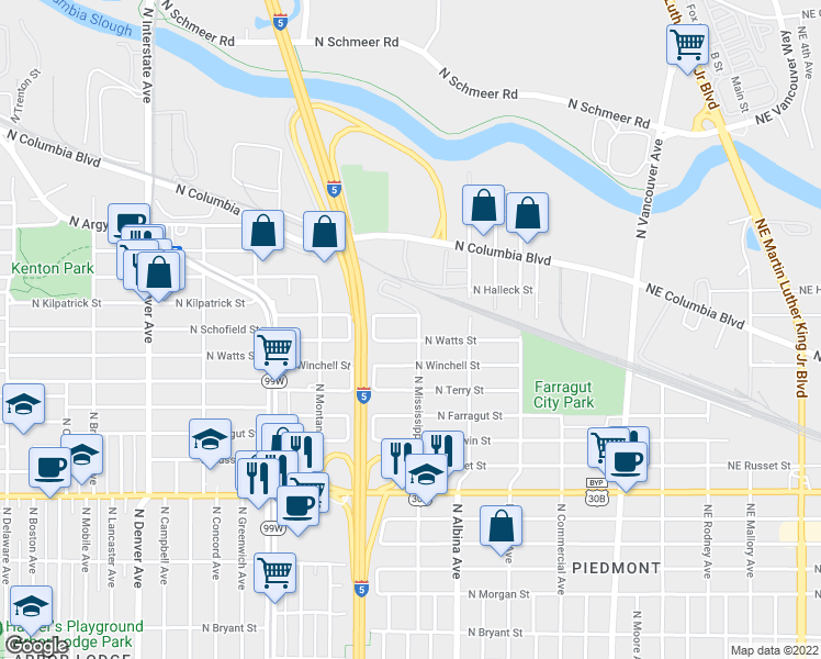 map of restaurants, bars, coffee shops, grocery stores, and more near 8114 North Mississippi Avenue in Portland