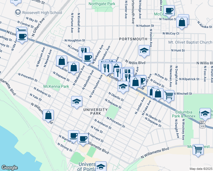 map of restaurants, bars, coffee shops, grocery stores, and more near 5336 North Bowdoin Street in Portland