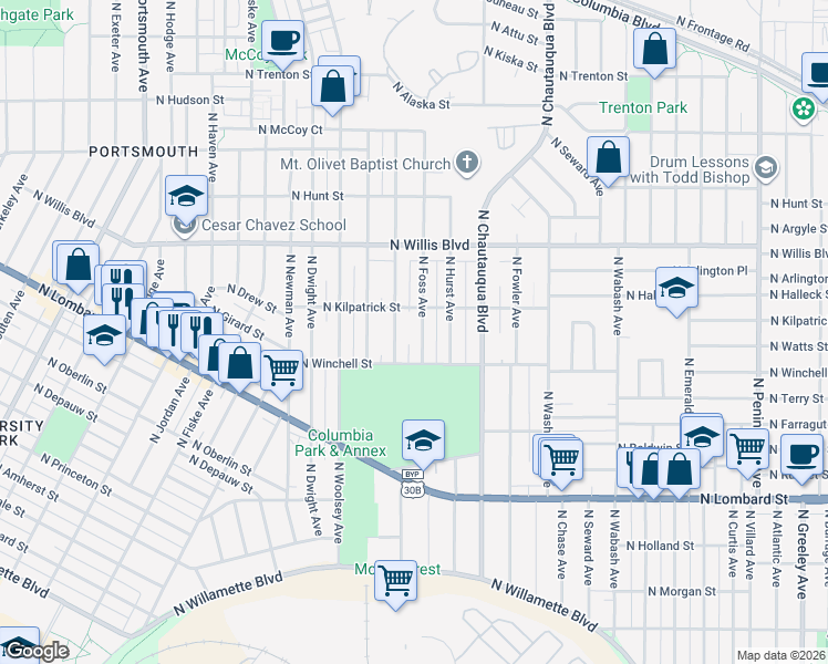 map of restaurants, bars, coffee shops, grocery stores, and more near 8041 North Foss Avenue in Portland