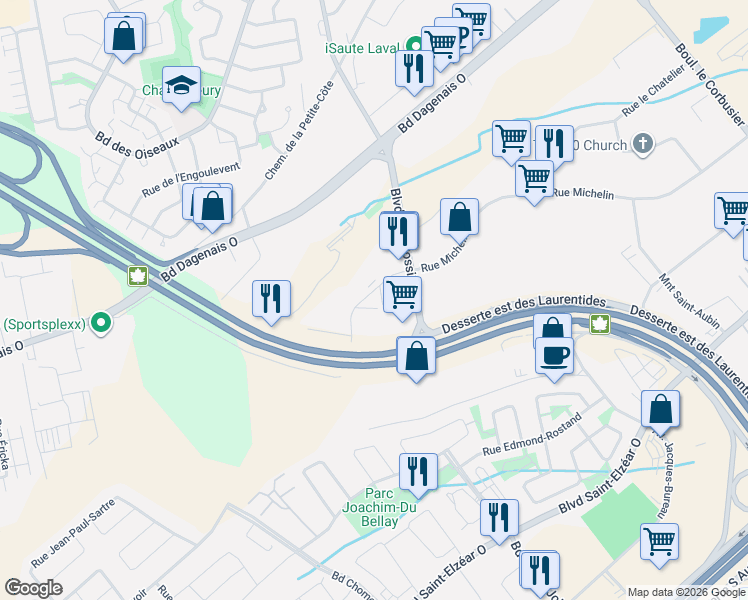 map of restaurants, bars, coffee shops, grocery stores, and more near 2710 Rue Michelin in Laval