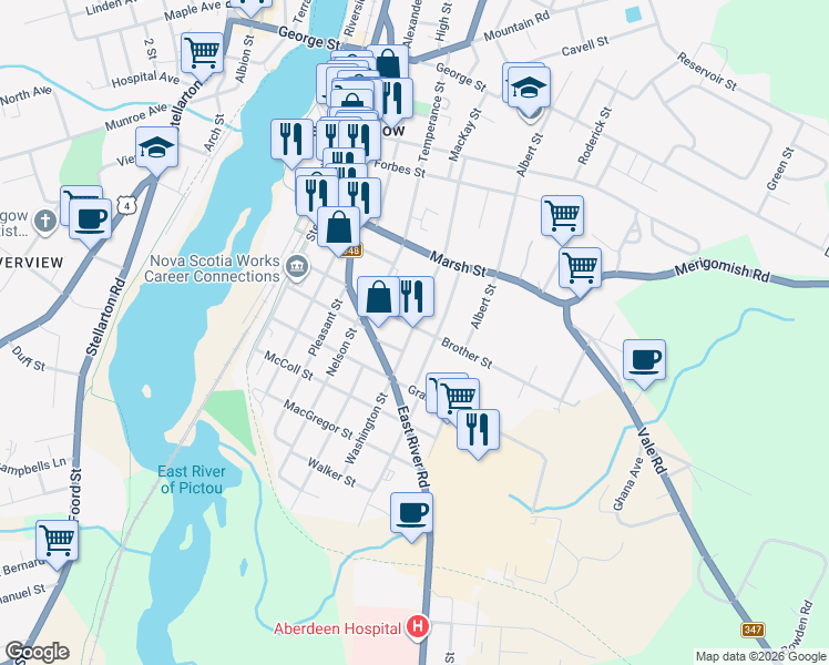 map of restaurants, bars, coffee shops, grocery stores, and more near 376 Washington Street in New Glasgow
