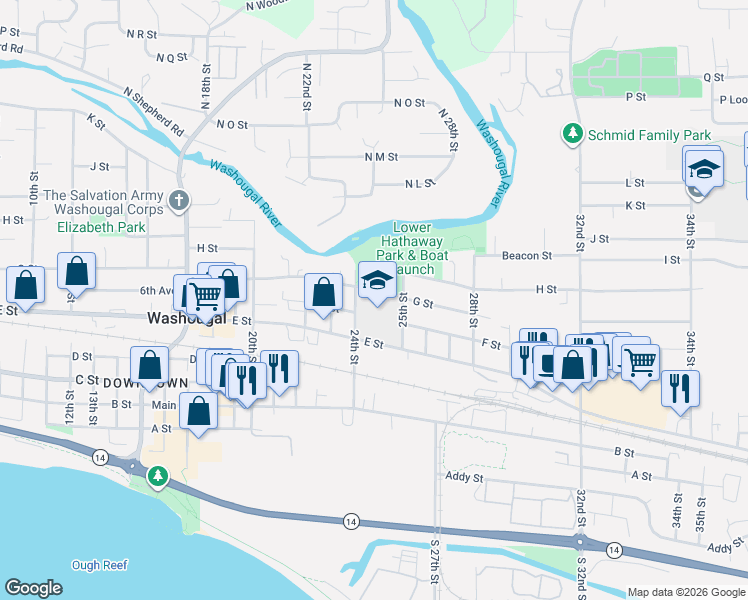 map of restaurants, bars, coffee shops, grocery stores, and more near 2400-2498 G Street in Washougal
