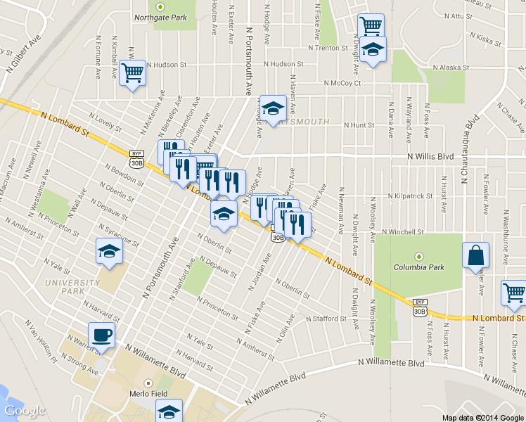 map of restaurants, bars, coffee shops, grocery stores, and more near 7709 North Haven Avenue in Portland