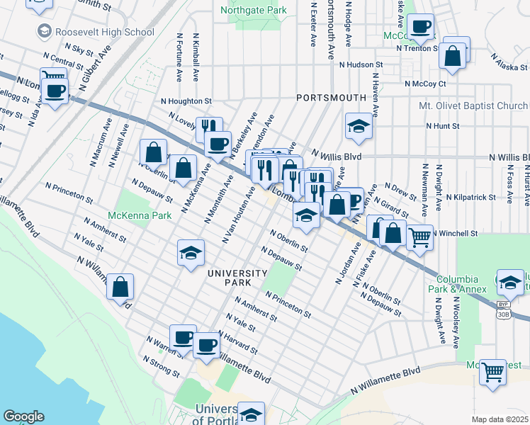 map of restaurants, bars, coffee shops, grocery stores, and more near 5336 North Bowdoin Street in Portland