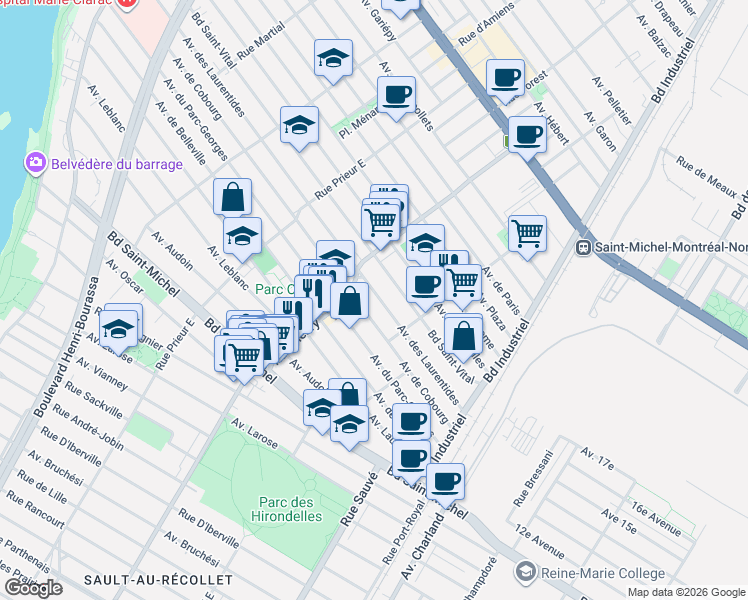map of restaurants, bars, coffee shops, grocery stores, and more near 10192 Avenue des Laurentides in Montréal