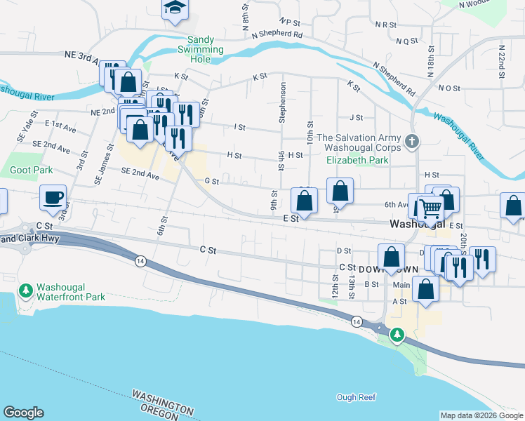 map of restaurants, bars, coffee shops, grocery stores, and more near 869 E Street in Washougal