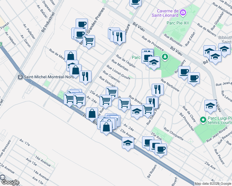 map of restaurants, bars, coffee shops, grocery stores, and more near 8987 Rue Paul-Corbeil in Montréal
