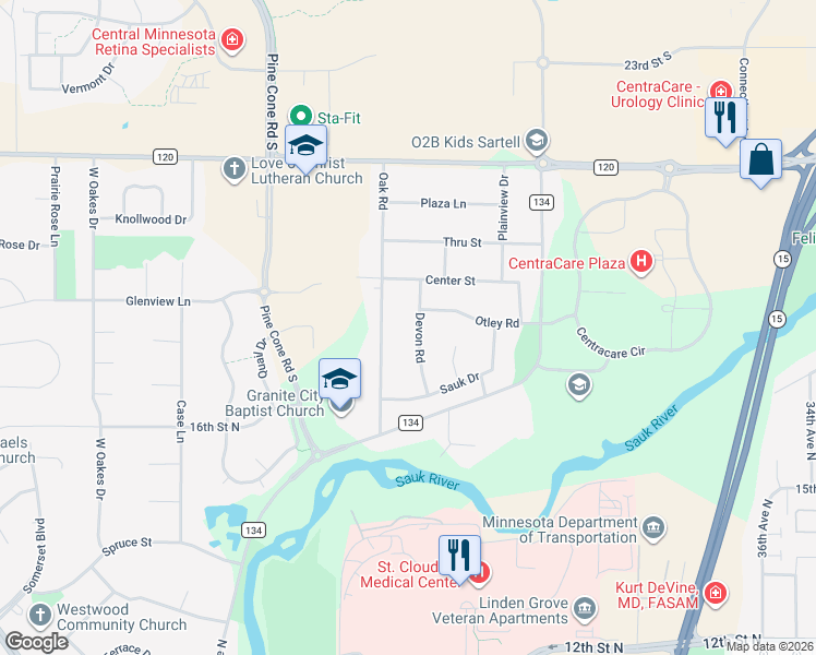 map of restaurants, bars, coffee shops, grocery stores, and more near 1632 Oak Road in St. Cloud