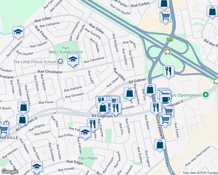 map of restaurants, bars, coffee shops, grocery stores, and more near 3128 Rue Glenn in Laval
