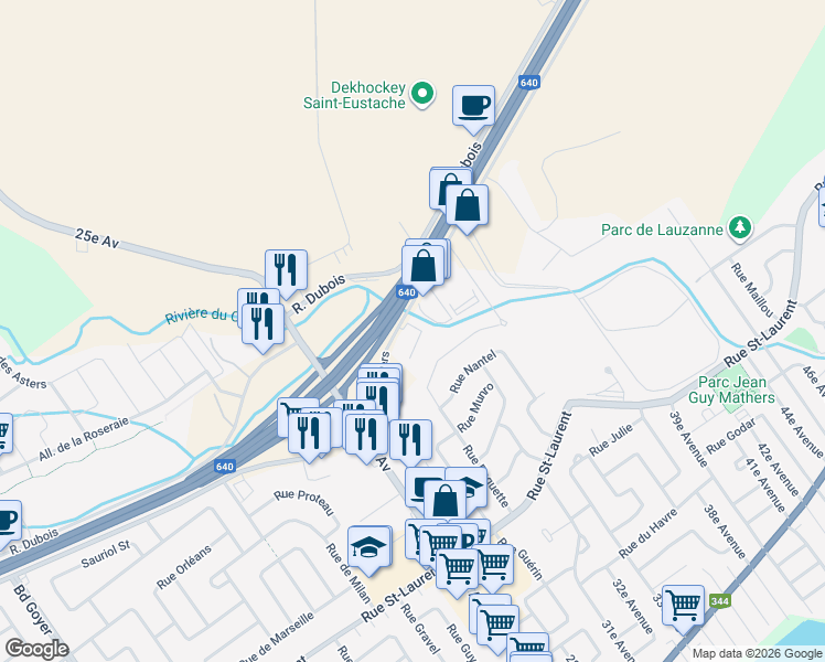 map of restaurants, bars, coffee shops, grocery stores, and more near 640 Avenue Mathers in Saint-Eustache
