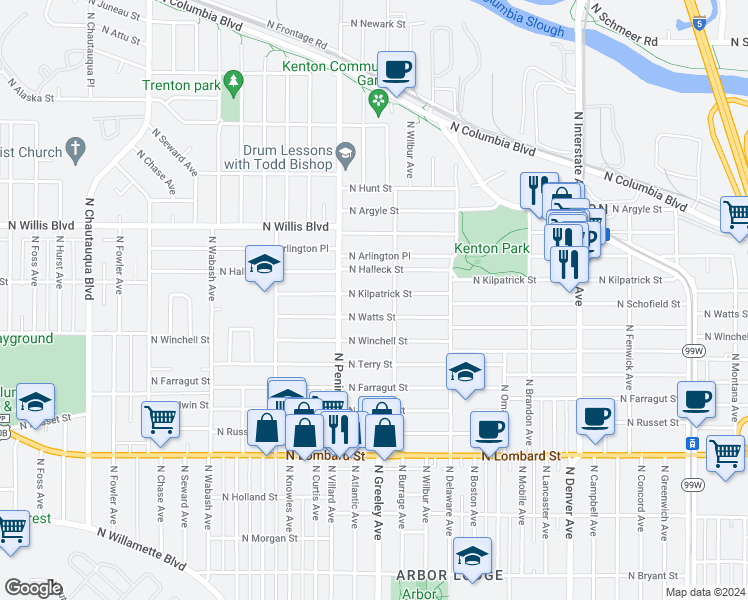 map of restaurants, bars, coffee shops, grocery stores, and more near 2758 North Kilpatrick Street in Portland