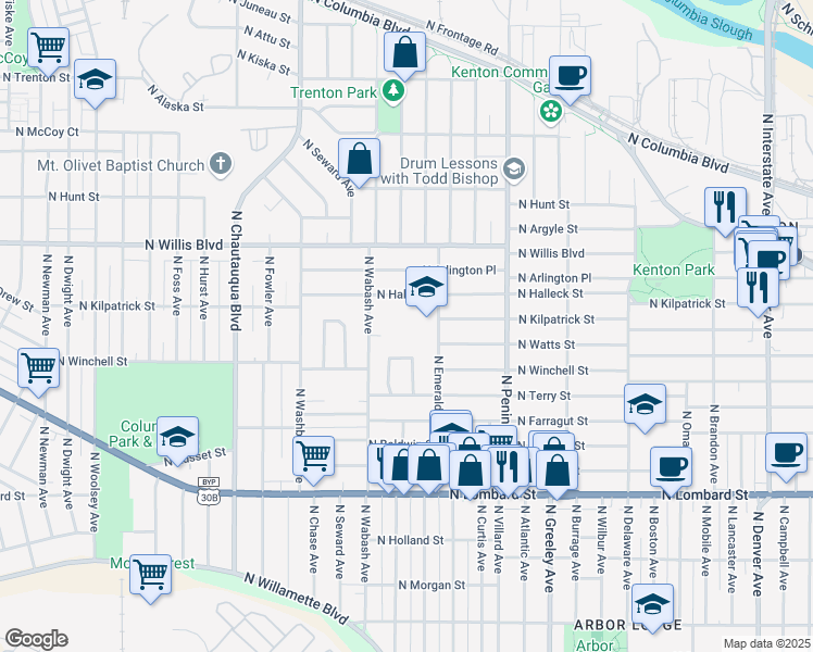 map of restaurants, bars, coffee shops, grocery stores, and more near 8125 North Emerald Avenue in Portland