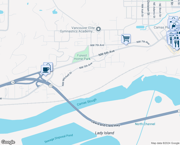 map of restaurants, bars, coffee shops, grocery stores, and more near 904 Northwest 4th Avenue in Camas