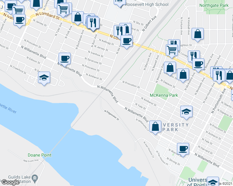 map of restaurants, bars, coffee shops, grocery stores, and more near 6806 North Amherst Street in Portland