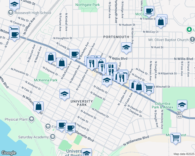 map of restaurants, bars, coffee shops, grocery stores, and more near 5302 North Lombard Street in Portland