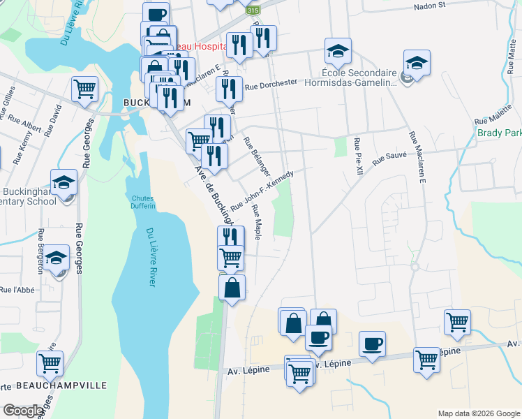 map of restaurants, bars, coffee shops, grocery stores, and more near 672 Rue Maple in Gatineau