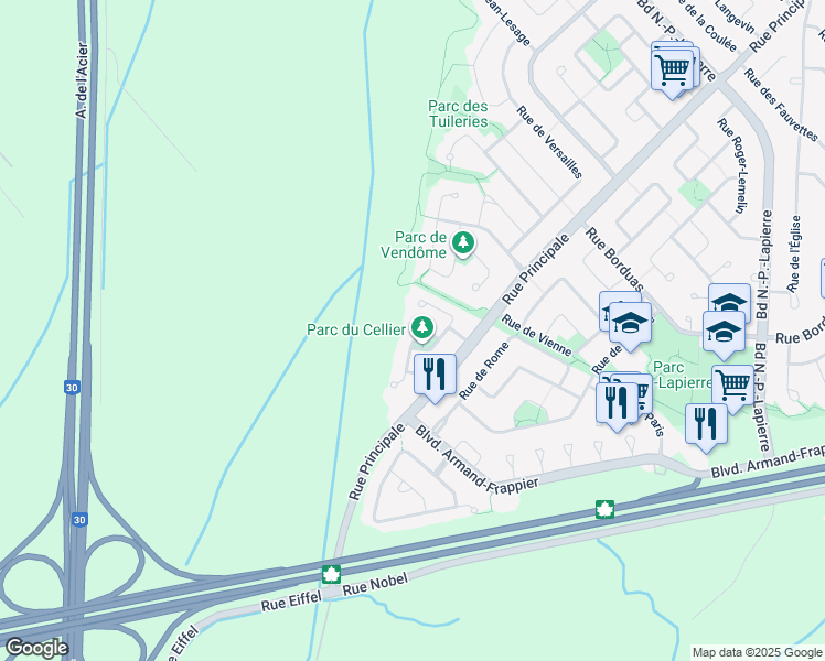 map of restaurants, bars, coffee shops, grocery stores, and more near 2631 Rue des Remparts in Sainte-Julie