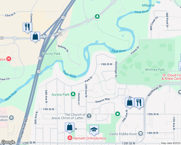 map of restaurants, bars, coffee shops, grocery stores, and more near 2753 Park Drive in St. Cloud