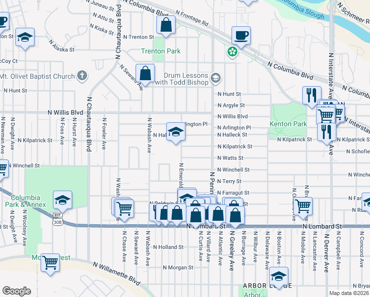 map of restaurants, bars, coffee shops, grocery stores, and more near 8106 North Emerald Avenue in Portland