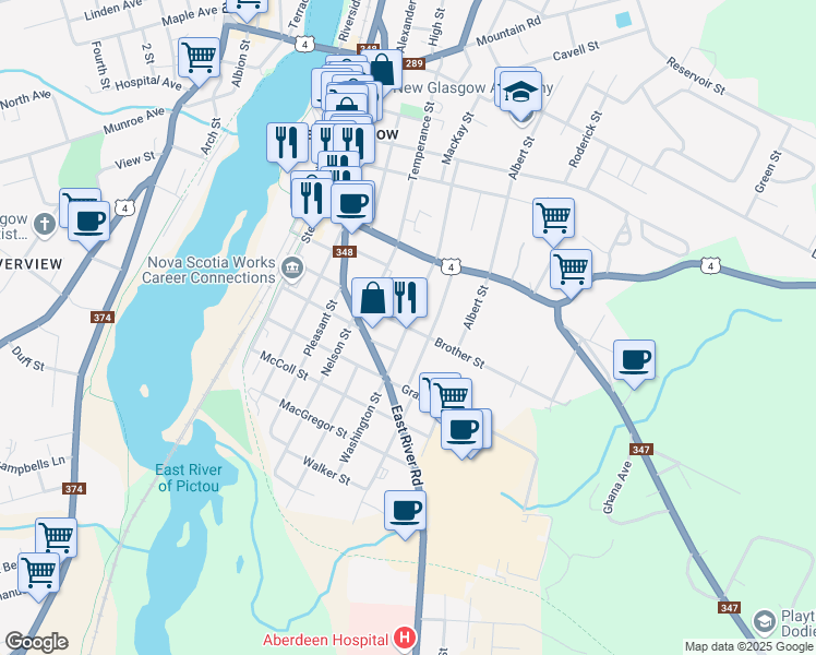 map of restaurants, bars, coffee shops, grocery stores, and more near Washington Street in New Glasgow