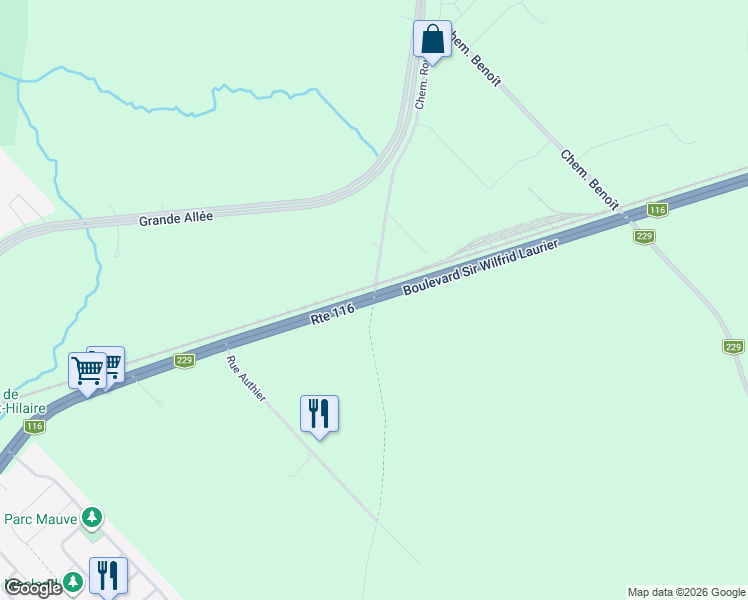 map of restaurants, bars, coffee shops, grocery stores, and more near Chemin Rouillard in Mont-Saint-Hilaire