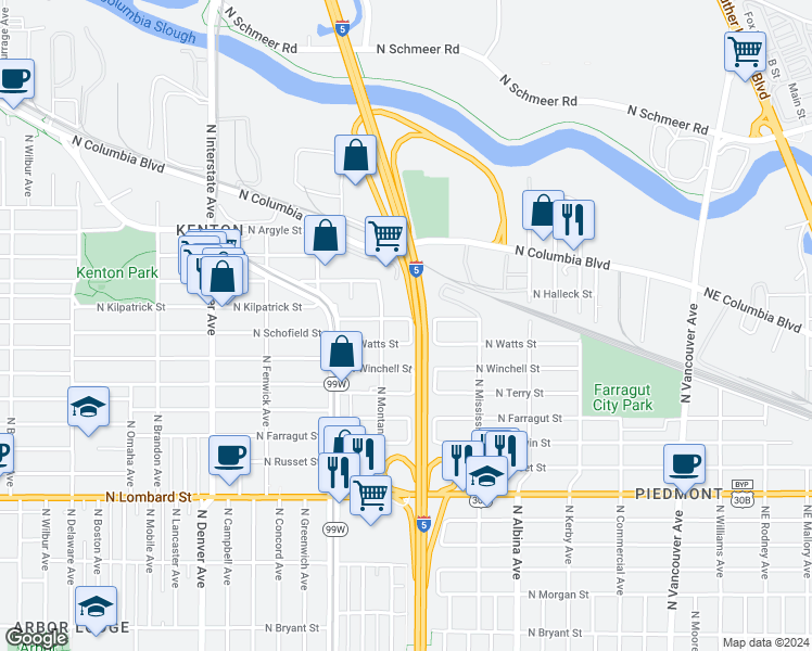 map of restaurants, bars, coffee shops, grocery stores, and more near 1234 North Kilpatrick Street in Portland