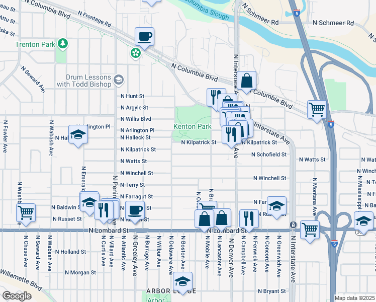map of restaurants, bars, coffee shops, grocery stores, and more near 2341 North Schofield Street in Portland