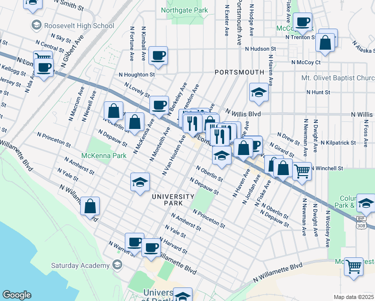 map of restaurants, bars, coffee shops, grocery stores, and more near 5336 North Bowdoin Street in Portland