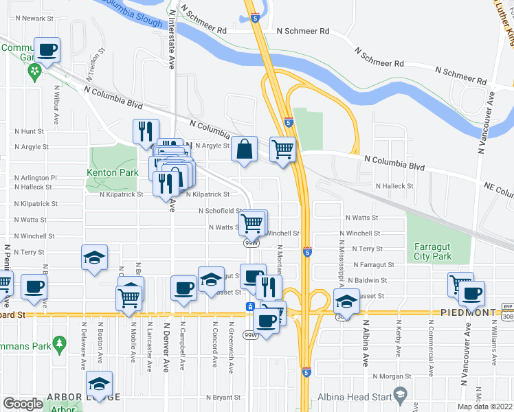 map of restaurants, bars, coffee shops, grocery stores, and more near 8120 North Interstate Avenue in Portland