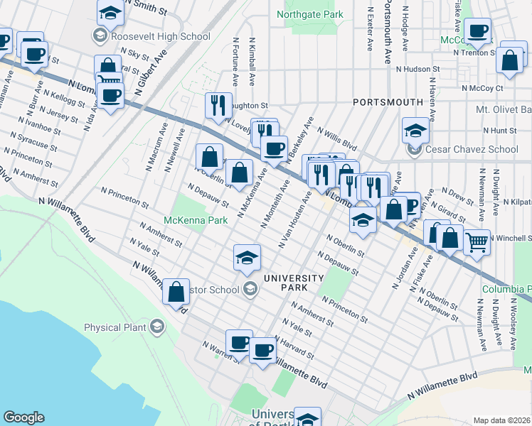 map of restaurants, bars, coffee shops, grocery stores, and more near 7359 North Monteith Avenue in Portland