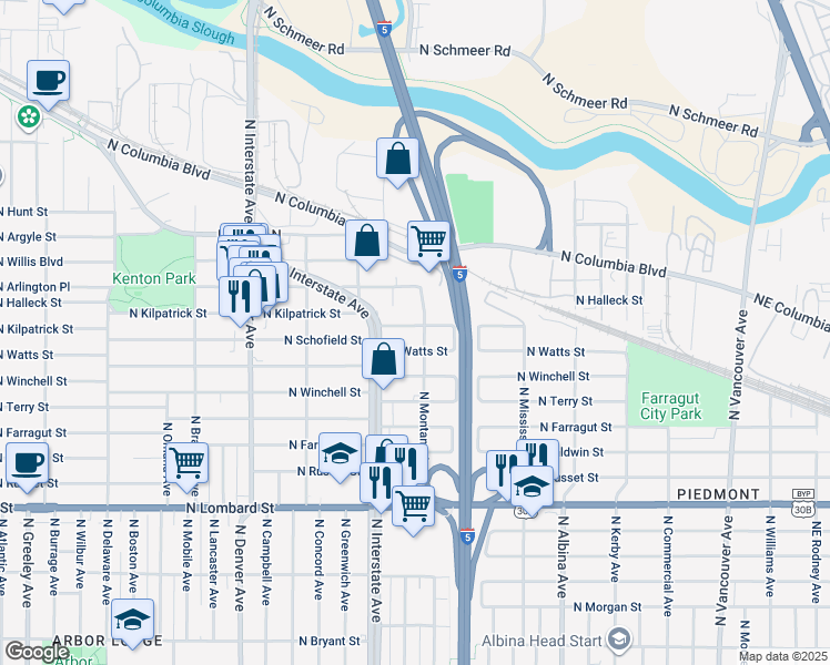 map of restaurants, bars, coffee shops, grocery stores, and more near 1310 North Kilpatrick Street in Portland