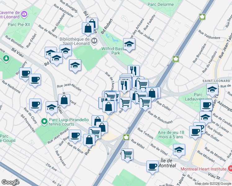 map of restaurants, bars, coffee shops, grocery stores, and more near 8133 Rue de l'Aunis in Montréal