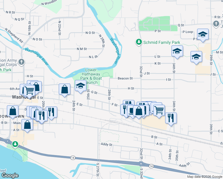 map of restaurants, bars, coffee shops, grocery stores, and more near 740 28th Street in Washougal