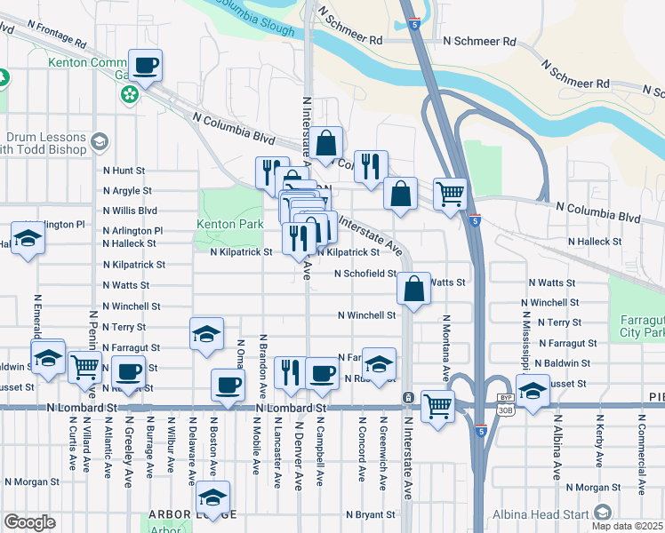 map of restaurants, bars, coffee shops, grocery stores, and more near 8115 North Fenwick Avenue in Portland