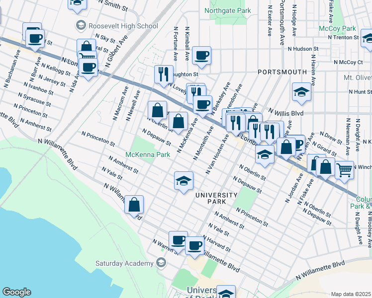 map of restaurants, bars, coffee shops, grocery stores, and more near 7305 North McKenna Avenue in Portland
