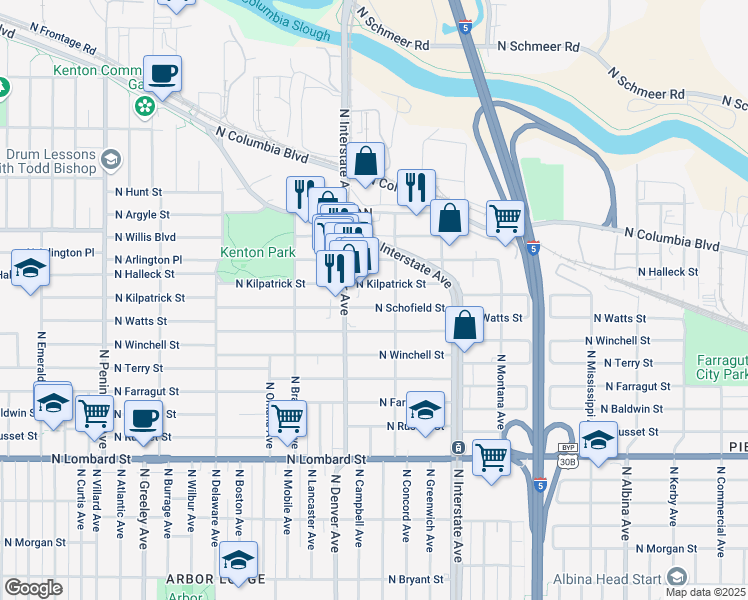 map of restaurants, bars, coffee shops, grocery stores, and more near 1843 North Schofield Street in Portland