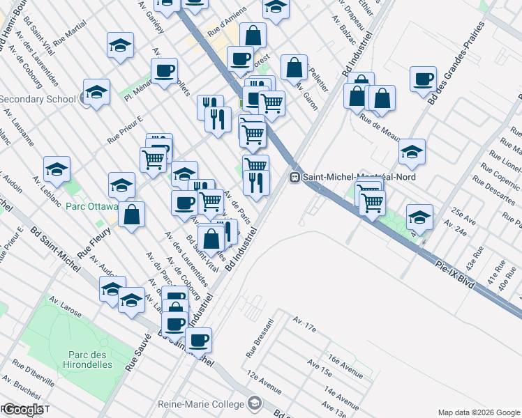 map of restaurants, bars, coffee shops, grocery stores, and more near 3905 Boulevard Industriel in Montréal