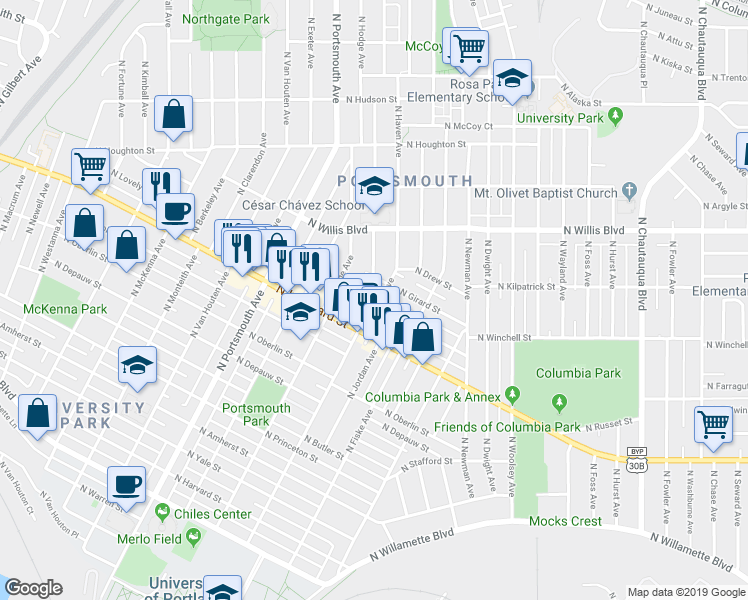 map of restaurants, bars, coffee shops, grocery stores, and more near 7709 North Haven Avenue in Portland