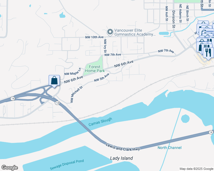 map of restaurants, bars, coffee shops, grocery stores, and more near 904 Northwest 4th Avenue in Camas