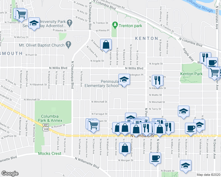 map of restaurants, bars, coffee shops, grocery stores, and more near 8026 North Wabash Avenue in Portland