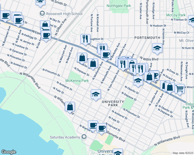 map of restaurants, bars, coffee shops, grocery stores, and more near 7305 North McKenna Avenue in Portland