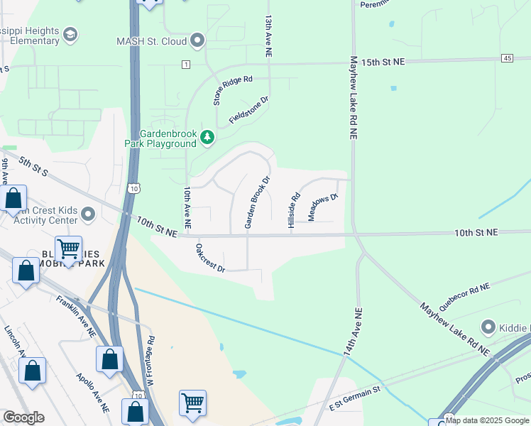 map of restaurants, bars, coffee shops, grocery stores, and more near 1012 Garden Brook Drive in Sauk Rapids