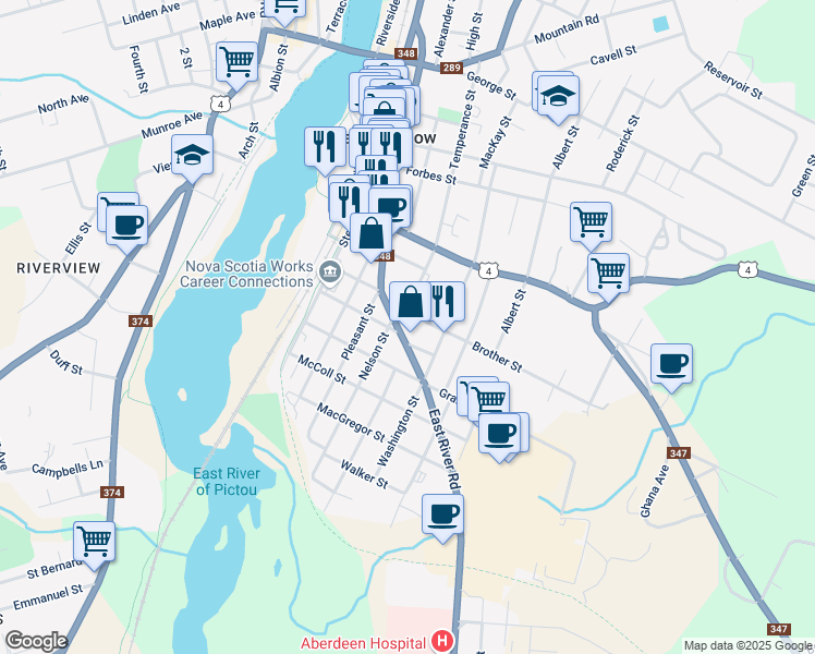 map of restaurants, bars, coffee shops, grocery stores, and more near 434 East River Road in New Glasgow