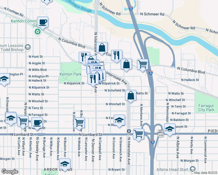 map of restaurants, bars, coffee shops, grocery stores, and more near 8115 North Fenwick Avenue in Portland