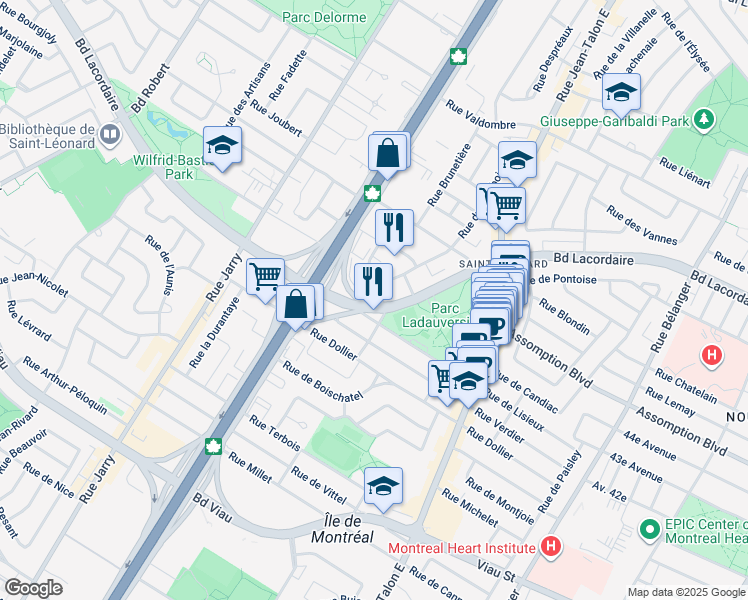 map of restaurants, bars, coffee shops, grocery stores, and more near 7665 Boulevard Lacordaire in Montréal