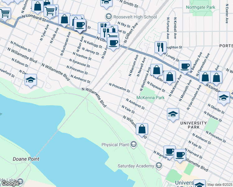 map of restaurants, bars, coffee shops, grocery stores, and more near 6639 North Amherst Street in Portland