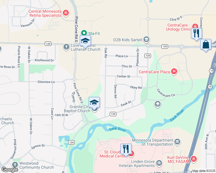 map of restaurants, bars, coffee shops, grocery stores, and more near 1632 Oak Road in St. Cloud