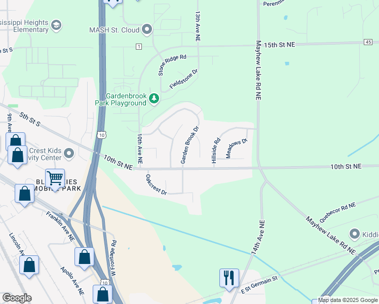 map of restaurants, bars, coffee shops, grocery stores, and more near 1012 Garden Brook Drive in Sauk Rapids